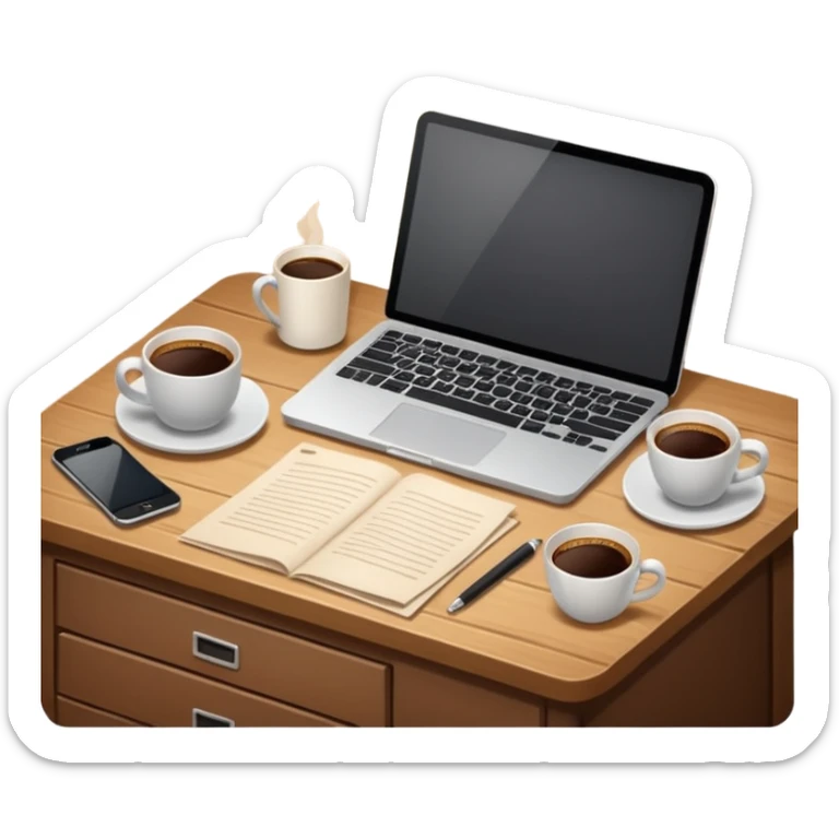 emoji of a cozy desk with a paper, a single coffee, and a laptop on it sticker