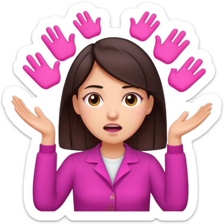 Social media manager. She has dark brown hair, brown eyes, exhaling deeply, hands slightly raised showing frustration. Use vibrant colors with a focus on pink and fuchsia tone sticker