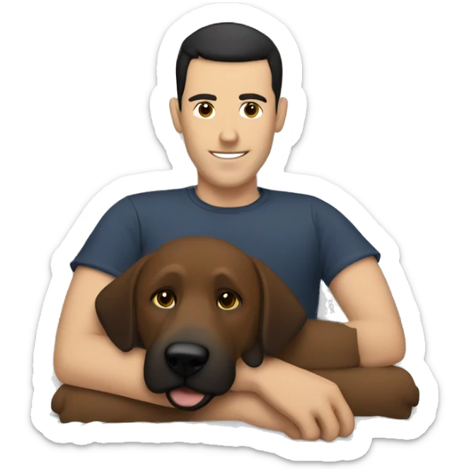 A white man with a shaved black hair cut. Laying in bed with a big brown dog sticker