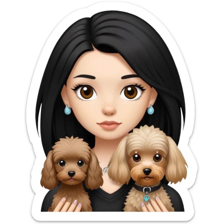 girl with long black  straight hair and tattoos and a  white Yorkshire and a brown poodle sticker
