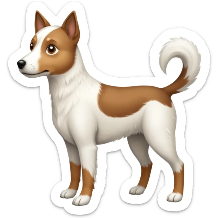 a full body large white parson russell looking dog the size of a kelpie with light brown ears and a light brown patch on one eye and a large snout sticker
