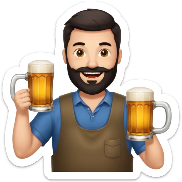big man in yoga pose, bright skin, dark beard and dark short hair, holding beer mugs sticker
