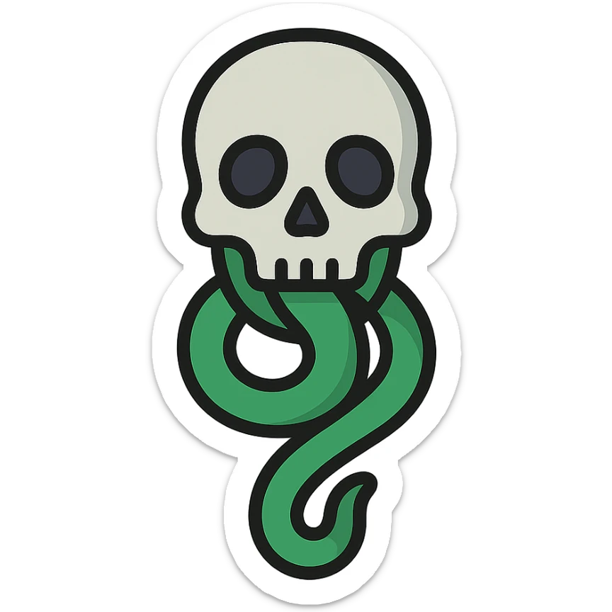 digital sticker of the Dark Mark: a skull with a snake coming out of its mouth, semi-realistic vector art style, clean outlines, flat green, black, and gray colors, slight shadows, arranged for a sticker sheet sticker