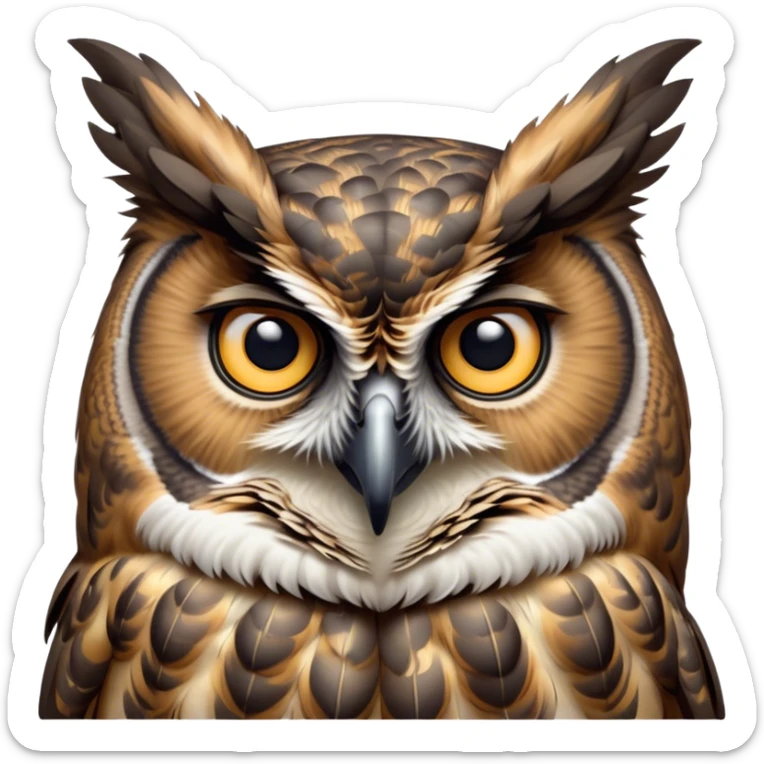 Cinematic Noble Great Horned Owl Portrait Emoji, Poised and regal, with a commanding, broad build and a richly mottled plumage of grays, whites, and subtle browns, deep-set soulful golden eyes, Simplified yet sharp and sophisticated features, highly detailed, glowing with a soft, dignified glow, high shine, intelligent and enigmatic, stylized with an air of nocturnal majesty, focused and attentive, soft glowing outline, capturing the essence of a watchful and confident raptor, so majestic it feels as though it could silently swoop out of the screen with effortless authority! sticker
