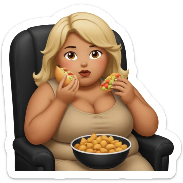 Heavyset girl stuffing face with food while sitting in black chair sticker