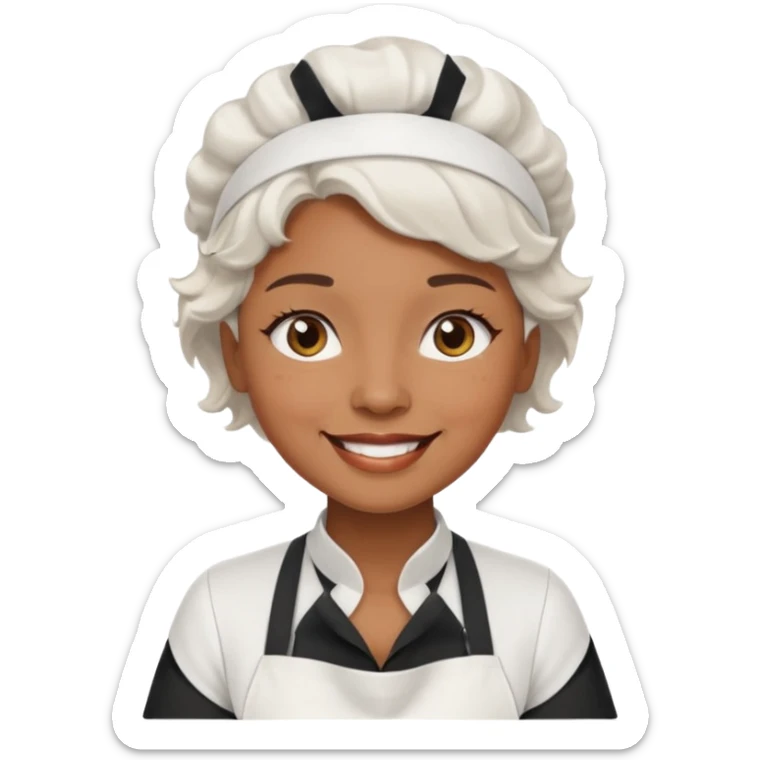 woman, brown skin, white short wavy hair, with apron sticker