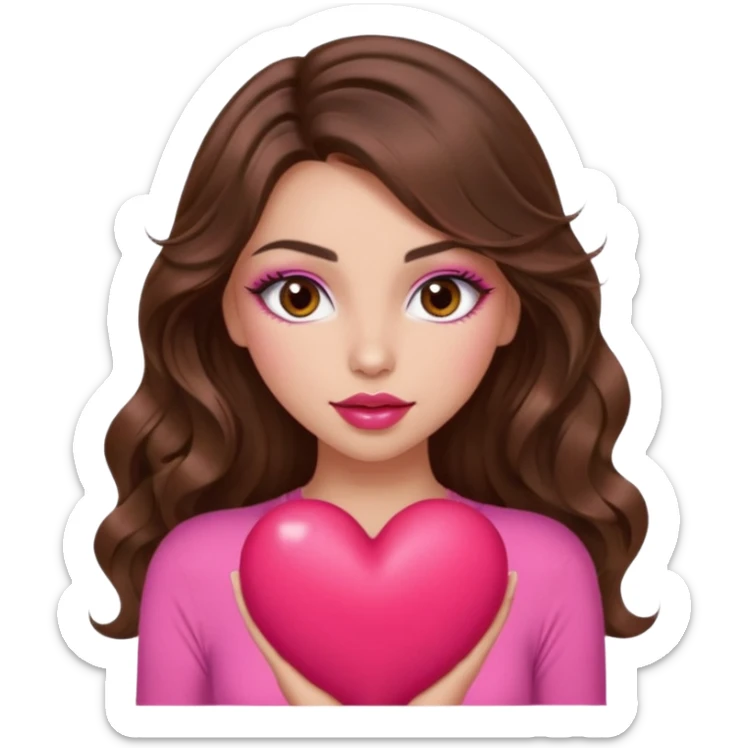 girl with long wavy brown hair, brown eyes, long lashes makeup, sexy pink lips, light to medium complexion, wearing a pink sexy top, squeezing a big heart sticker