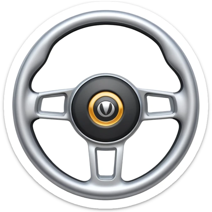 A futuristic steering wheel emoji made of silver chrome, minimal geometric design, smooth metallic surface, soft reflections, iOS emoji style, centered, clean white background sticker