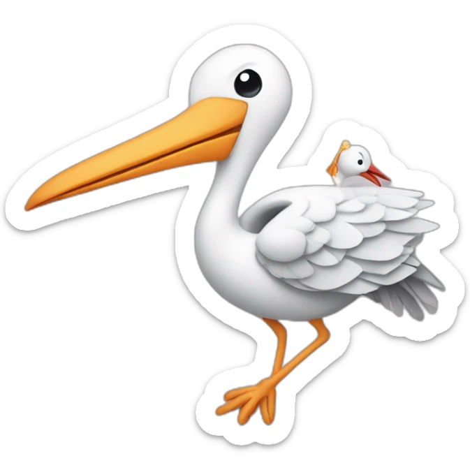 stork delivering baby boy in fabric held in its beak you can see the baby boys human face popping from the top of the fabric the stork is holding sticker