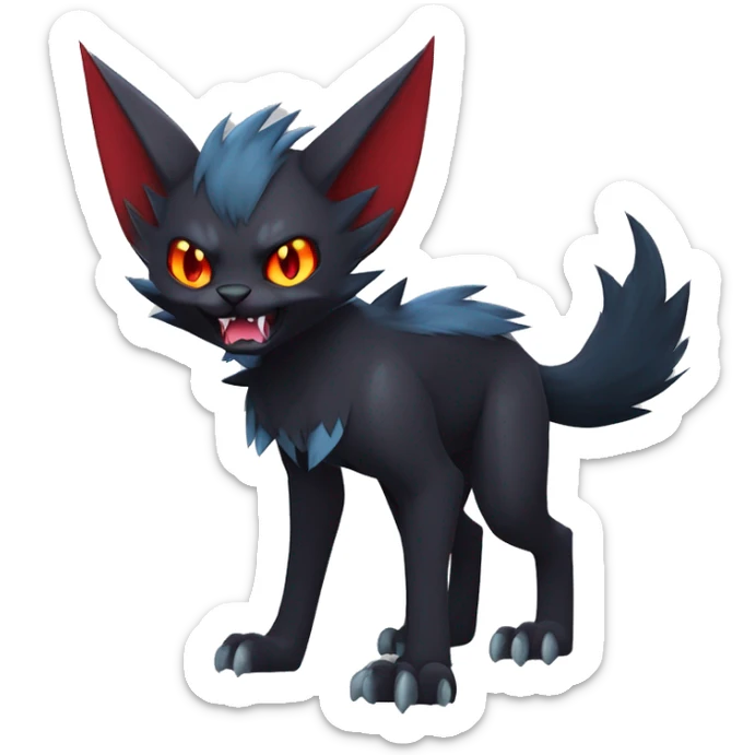   cool edgy fantasy anime-style dark animal vampiric Litten-Zoroark-Nargacuga-cat-hybrid Fakemon with big fangs and bat-ears full body sticker