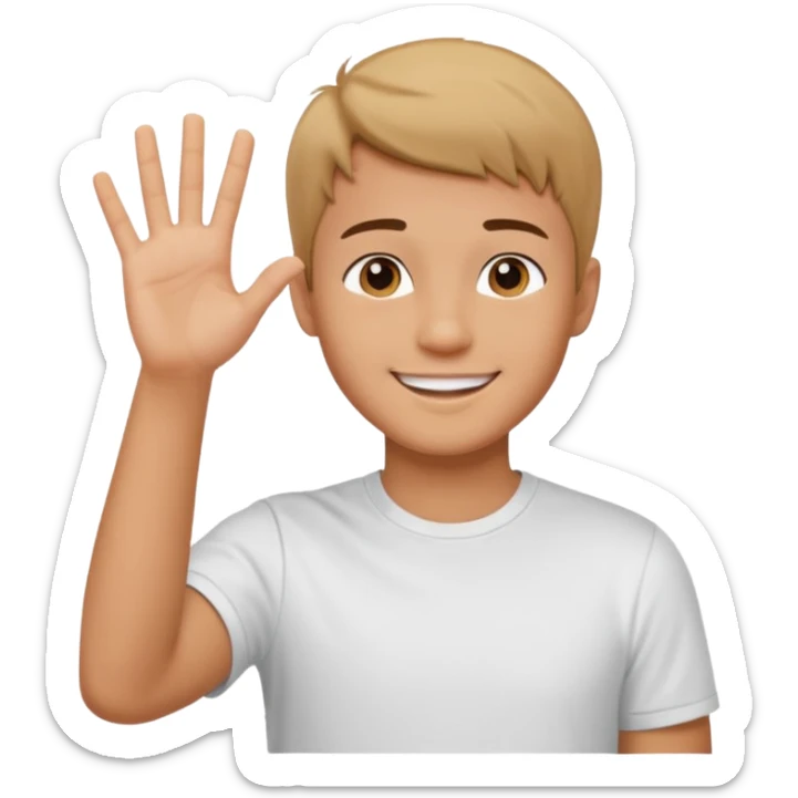joven trigueño corte de pelo corto polera blanca sonrisa bonita saludando mano arriba sticker