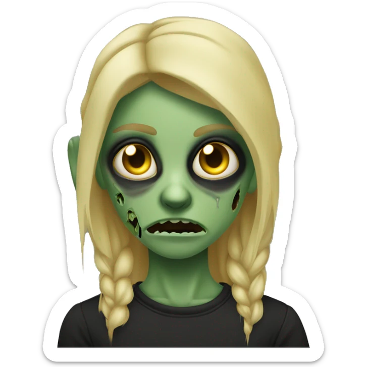 blonde zombie, greenish skin, scars, scary eyes, black t-shirt sticker
