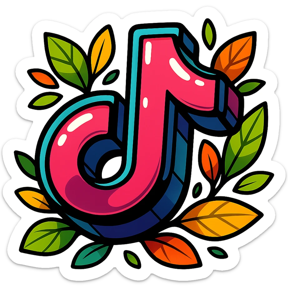 chunky, playful TikTok logo, vibrant toon style, bold cartoon outline, dramatic shadows, glossy highlights, surrounded by bright leaves, no background sticker