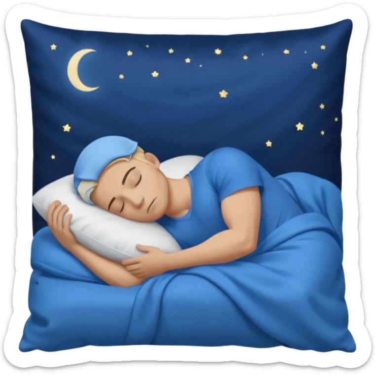 A young muscular male with short dark-blonde hair and medium-light skin, wearing blue cloth. He sleeps on his side, holding a soft white pillow, his head on a smooth blue pillow. A sleeping symbol floats above him in the dark, nighttime scene. A flowing blue blanket with silky folds covers him. sticker