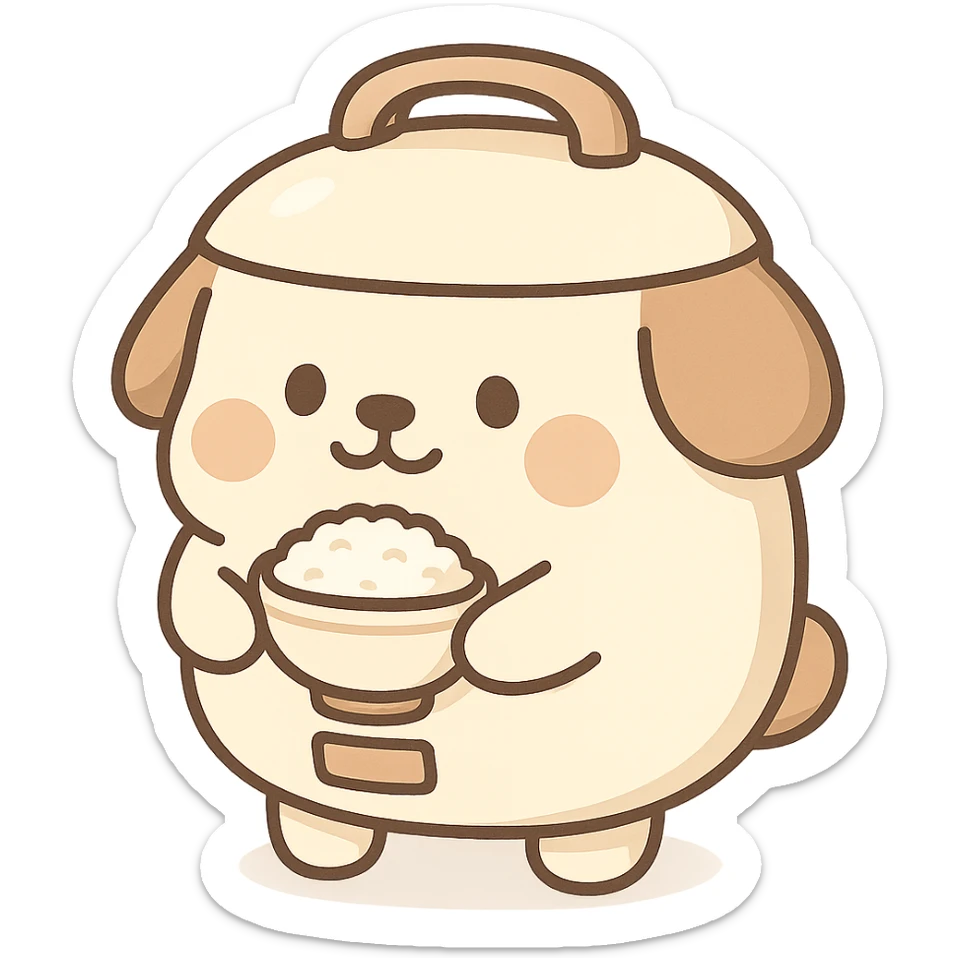 cute dog shaped like a rice cooker, round belly, holding a rice bowl, soft cream and brown colors, full-body sticker