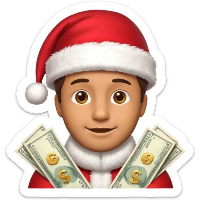 A confident rich emoji face wearing a Santa hat, money stacks, casino vibe, New Year theme, premium 3D emoji style, sharp details, no t sticker