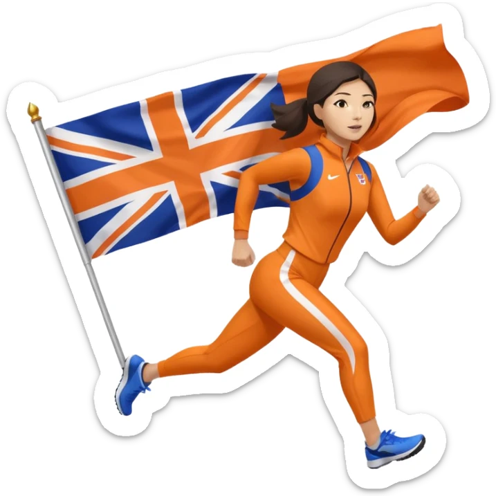 asian woman in orange sport suit and holding uk flag on the back, running sticker