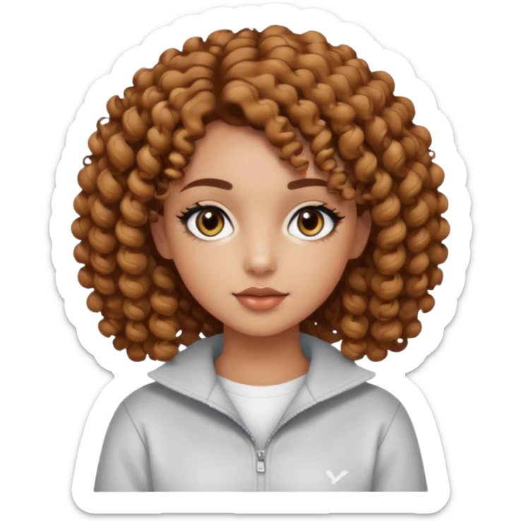a light tanned girl with curly short length brown hair, black eyes, with y2k light color palette makeup and y2k outfit sticker