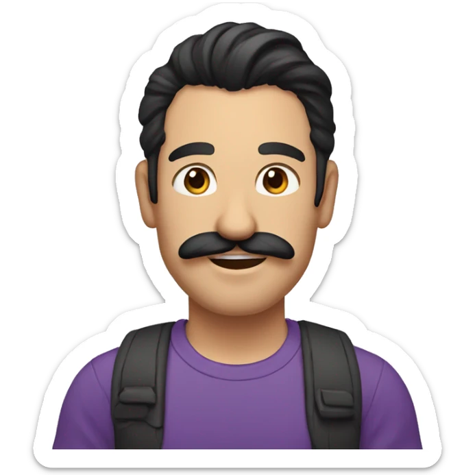 a man with long dark hair in a ponytail and a mustache shows a thumbs up, purple T-shirt and brown eyes sticker