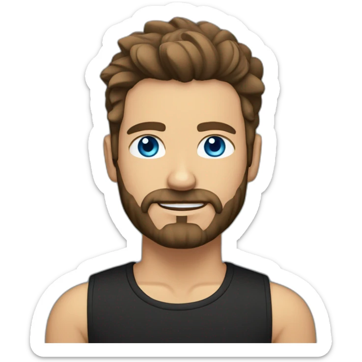 White man with a sun kissed tan and blue eyes. His hair is dark brown, styled sideways backwards. He has a beard and mustache trimmed. Wears a black t-shirt. sticker