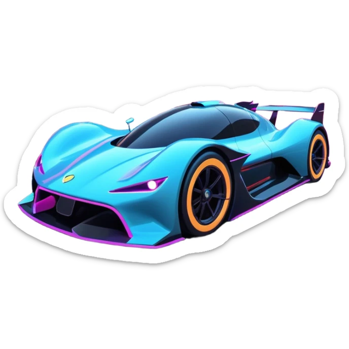 A futuristic racing car with glowing neon lights, sleek aerodynamic design, and a cyberpunk cityscape in the background. The car is speeding through a neon-lit street with high-tech buildings and holograms." sticker