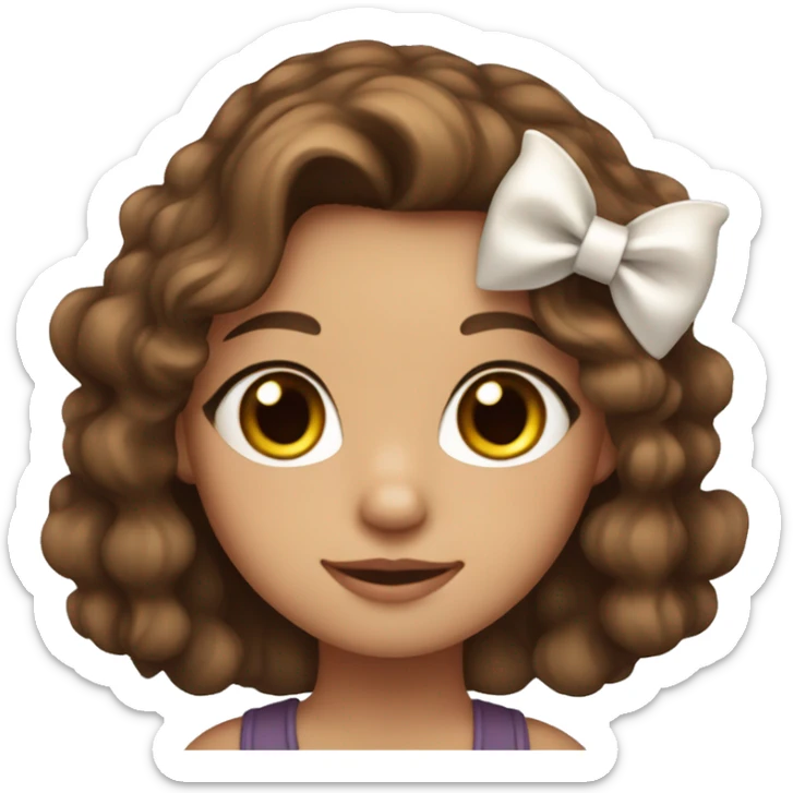 A girl with wavy brown hair beautiful brown eyes and a bow on her head holding a cat  sticker