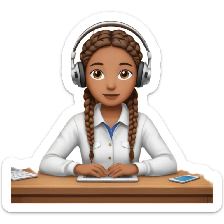 realistic brown skinned female with braids sitting at a desk with headphones on sticker