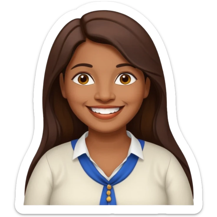 40 yr old chubby Sri Lankan woman, dark skin, straight brown hair, big smile, white teeth, european clothes, longer hair sticker