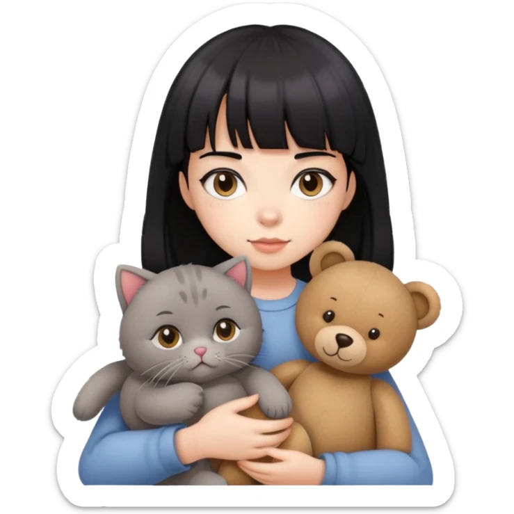 A girl with black hair with bangs and a white face is holding a British gray cat and a brown teddy bear sticker