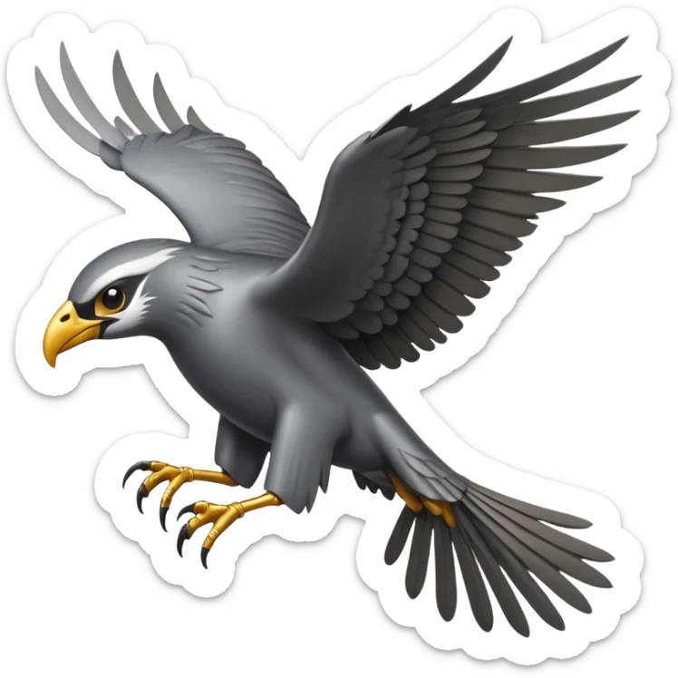 Emoji-style icon of a large metallic predatory bird flying, sharp wings, steel texture, dramatic pose, no gold no yellow sticker