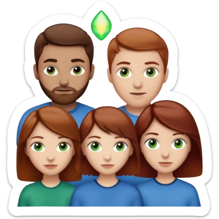 One woman with blue eyes, brown hair, light skin standing next to another woman with darker red brown hair, lighter skin, and green eyes, standing next to a man with no facial hair, blue eyes, and short brown hair sticker