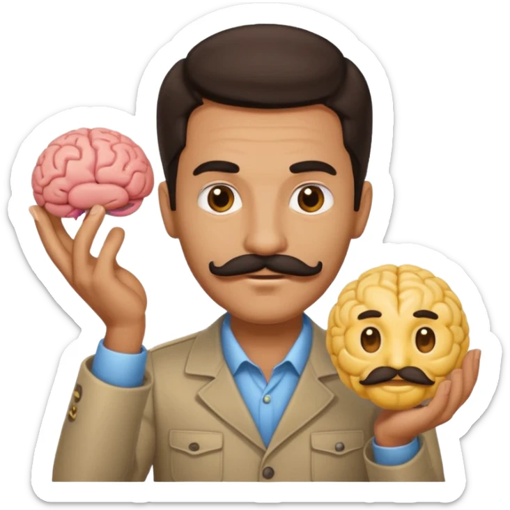 mustachioed man with dark hair holding a brain as an emoji no curl to mustache  sticker