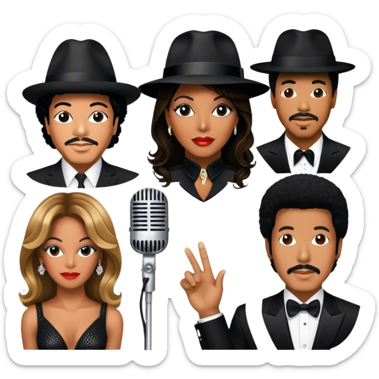 Icon for R&B Music: collage of iconic R&B artists—Michael Jackson, Beyoncé, Lionel Richie, Whitney Houston, and Barry White. Each artist represented by a silhouette or symbolic item (like a glove, microphone, or fedora). Transparent background. sticker