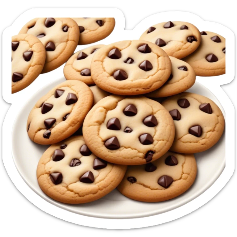 Cinematic Realistic Cookies Dessert Emoji, showcasing a plate of freshly baked cookies with gooey chocolate chips rendered with lifelike textures and warm, homey lighting. sticker