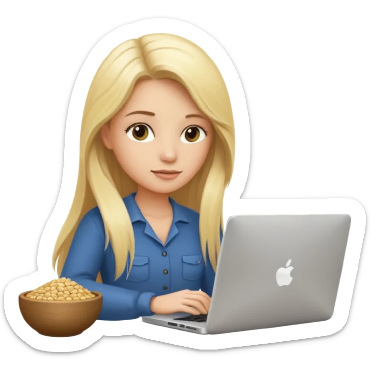 a blondie woman with long hair working with a computer laptop and a grains vessel around sticker
