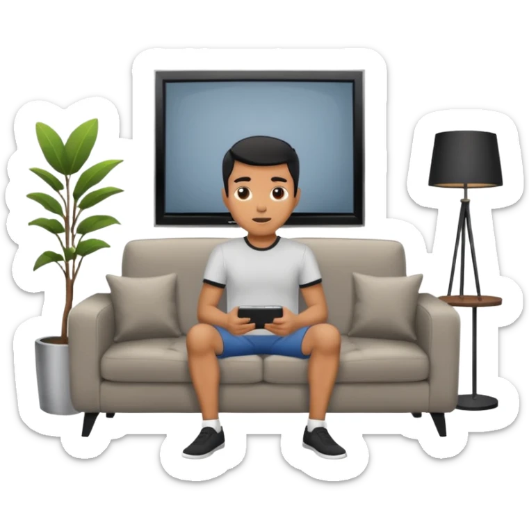 A man photographed from behind, sitting on a sofa and watching the news on TV on a modern flat screen. The setting is a living room. sticker