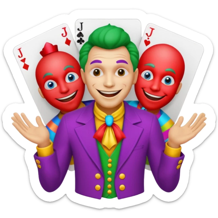 3 poker cards, with crazy colorful human jolly jokers inside, face and torso only sticker
