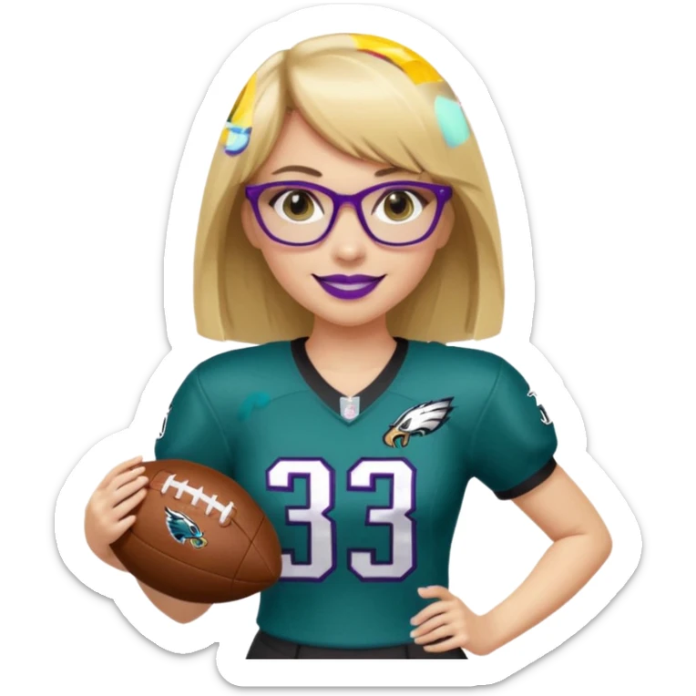 full length women wearing eagles uniform, medium blonde hair, straight across bangs, black glasses, holding football, number 33, smiling, purple lipstick sticker