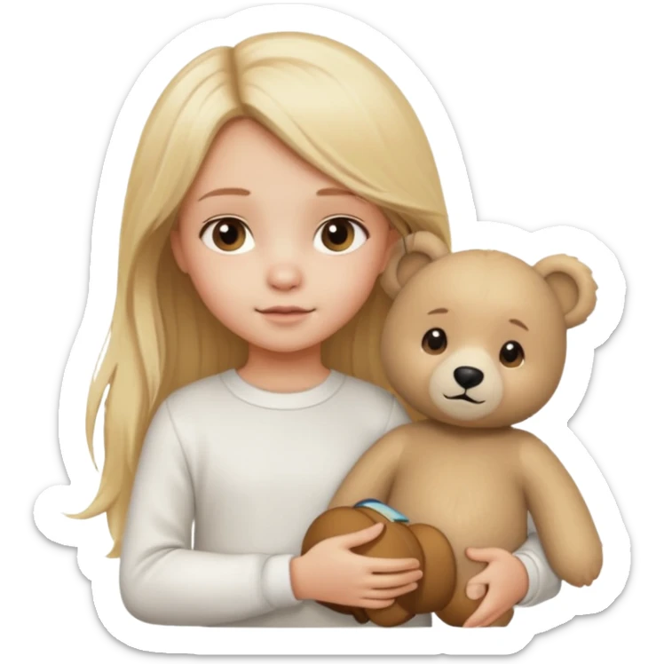 Blonde little girl, long hair, white long sleeve, with beige bear sticker