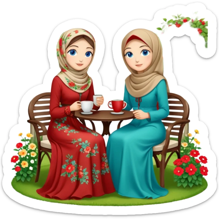Turkish beautiful finish Konya girls blue eyes with Beautiful beige red green floral hijab long tail dress and this two friends sit in a lovely garden on the chair on the ground and holds cup coffe with her hand  sticker