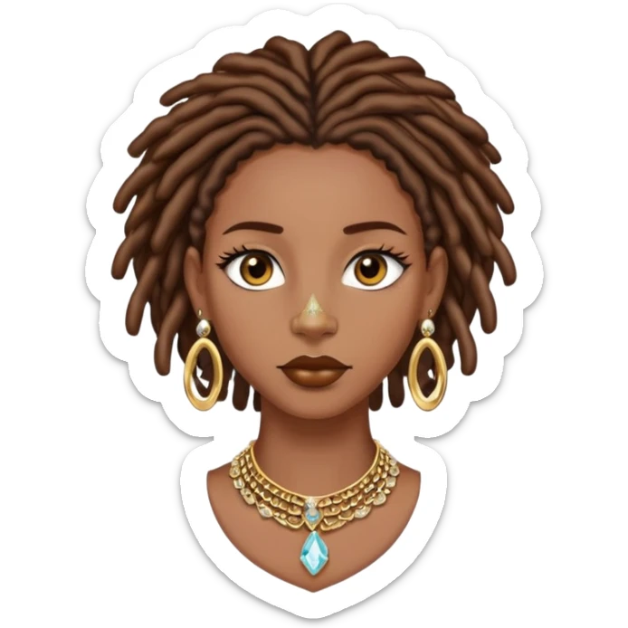 Black girl with brown locs collar bone length gold earrings and gold nose piercing long eye lashes and crystal necklace on  sticker