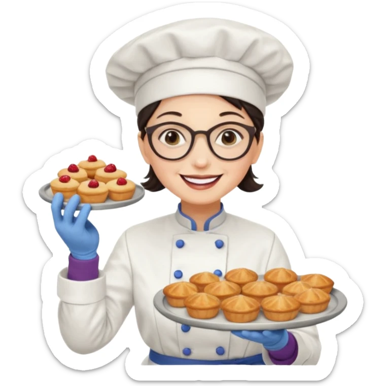 Older female pastry chef – round glasses, oven mitts on, holding a tray of pastries.

 sticker