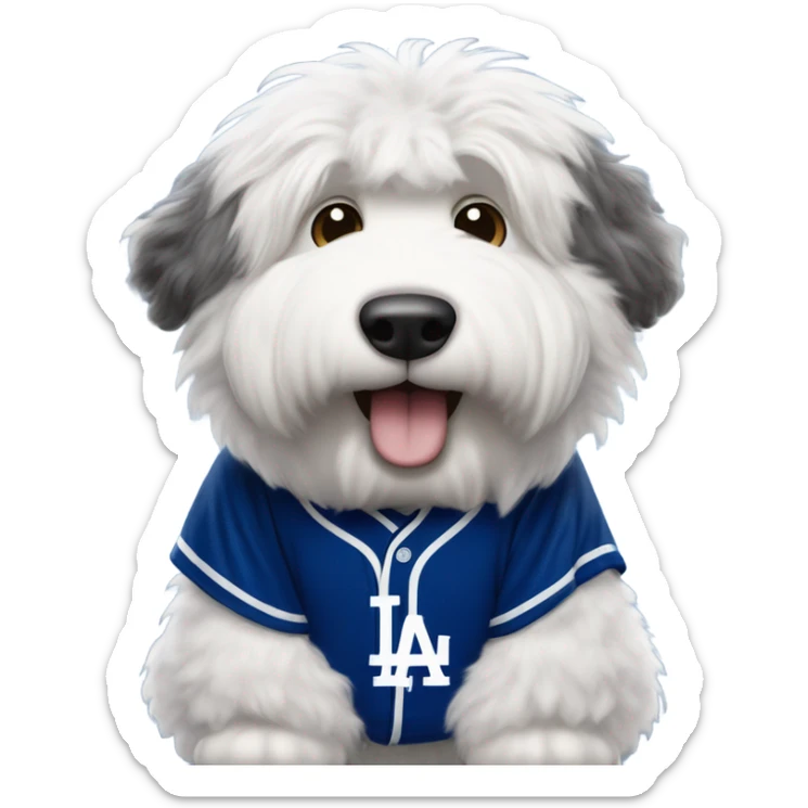 Old English Sheepdog full height wearing a Los Angeles dodgers baseball jersey sticker