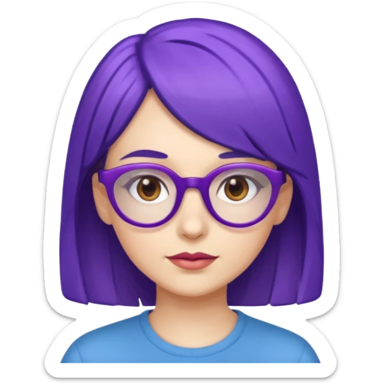 Cartoon adult woman with purple glasses, brown eyes, and blue medium length hair sticker