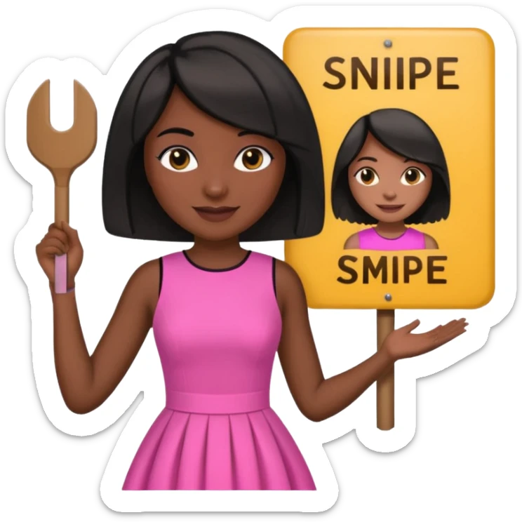 Dark skin woman with black bob in hair holding sign that says snipe  wearing pink dress  sticker