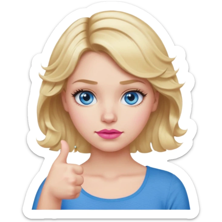 Girl Blonde short wavy hair,  blue eyes, cute blue top, long lashes, pink lips, thumbs down  sticker
