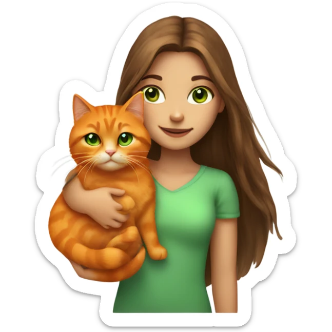 girl with long brown hair and green eyes holding a fluffy orange cat sticker