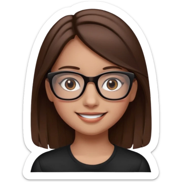 une ado, brune aux cheuveux tres fonces longs lisses blanche, ,lunettes carres noires, yeux bruns fonces joues rose sticker