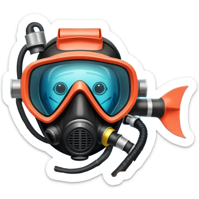 An icon featuring a close-up of a scuba diving mask, fins, and oxygen tank, with vibrant coral reefs and fish in the background. The design emphasizes the equipment and underwater beauty, symbolizing the thrill of exploring the deep sea. Transparent background highlights the serenity of the ocean. sticker