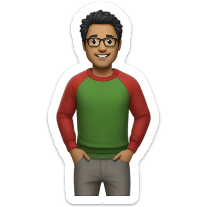 A man with black hair and green glasses with a red sweater with gray pants with lion king socks sticker